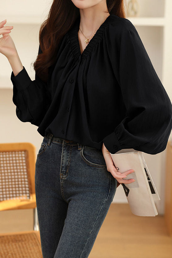Early Autumn Stylish Ruched V-Neck Shirt - liwisi