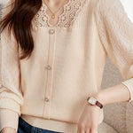 Elegant Lace Spliced Long-Sleeve Slim Knit Top - liwisi