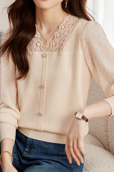 Elegant Lace Spliced Long-Sleeve Slim Knit Top - liwisi