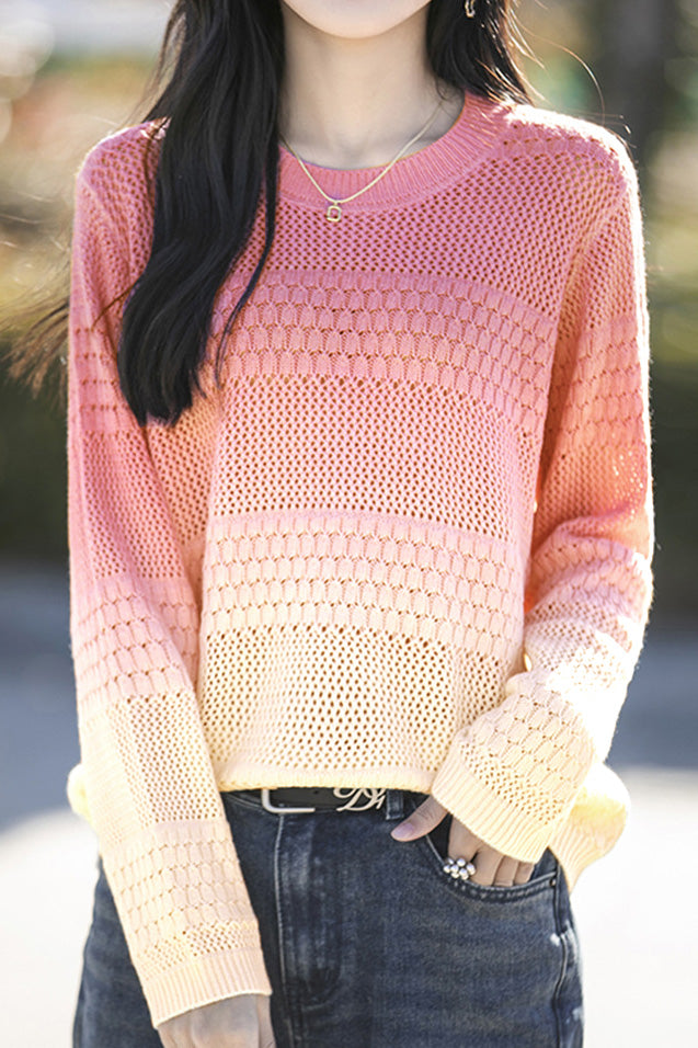 Early Autumn Casual Color-Block Gradient Crew Neck Pullover Sweater - liwisi