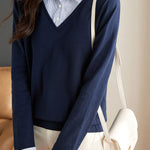 Casual Office Polo Collar Spliced Fake Two-Piece Knit Top - liwisi