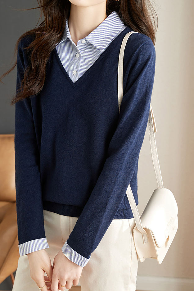 Casual Office Polo Collar Spliced Fake Two-Piece Knit Top - liwisi