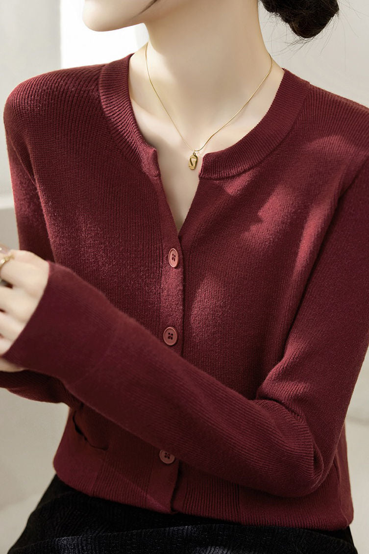 Solid Color Versatile Round Neck Knit Cardigan - liwisi