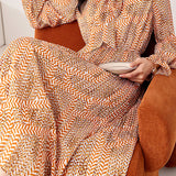Early Autumn Floral Cinched-Waist Long-Sleeve Dress - liwisi
