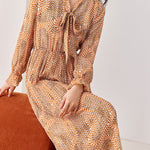 Early Autumn Floral Cinched-Waist Long-Sleeve Dress - liwisi