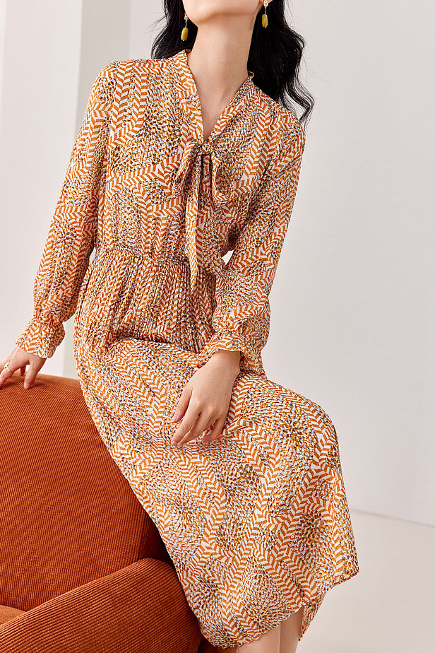 Early Autumn Floral Cinched-Waist Long-Sleeve Dress - liwisi