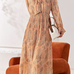 Early Autumn Floral Cinched-Waist Long-Sleeve Dress - liwisi