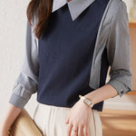 Commuter Versatile Polo Collar Stripe Long-Sleeve Fake Two-Piece Sweatshirt - liwisi
