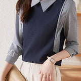 Commuter Versatile Polo Collar Stripe Long-Sleeve Fake Two-Piece Sweatshirt - liwisi