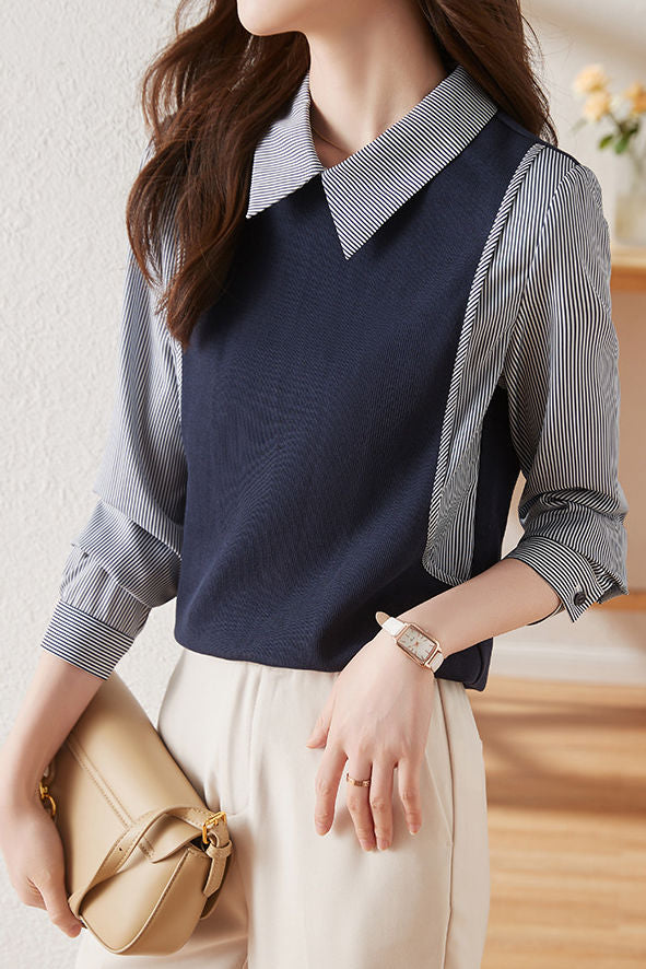 Commuter Versatile Polo Collar Stripe Long-Sleeve Fake Two-Piece Sweatshirt - liwisi