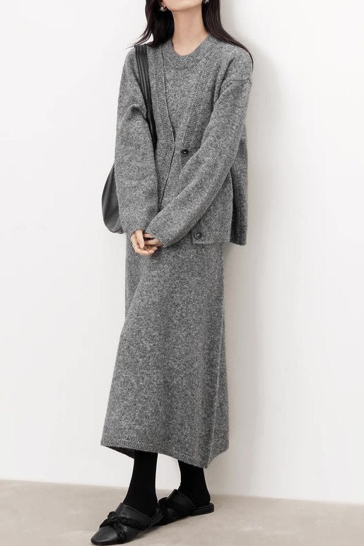 Stylish Slouchy Cardigan & Dress Two-Piece Set - liwisi