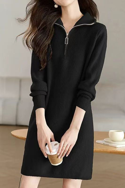 Fashionable Half-Zip Loose Sweater Dress - liwisi