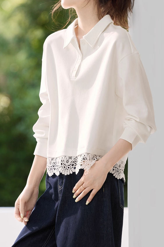 Versatile Fashionable Lace Patchwork Polo Sweatshirt - liwisi