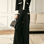Elegant Contrast Color Patchwork Knit Top & Wide-Leg Pants Two-Piece Set - liwisi