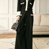 Elegant Contrast Color Patchwork Knit Top & Wide-Leg Pants Two-Piece Set - liwisi