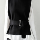 Stylish Knit Vest & White Shirt Layered Two-Piece Set