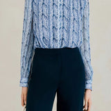 Elegant Commuter Blue Floral Stand Collar Shirt