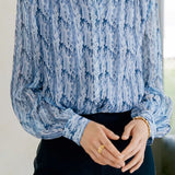 Elegant Commuter Blue Floral Stand Collar Shirt