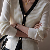 Early Autumn Elegant Color Block V-neck Knit Cardigan