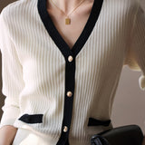 Early Autumn Elegant Color Block V-neck Knit Cardigan