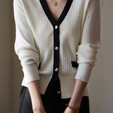 Early Autumn Elegant Color Block V-neck Knit Cardigan