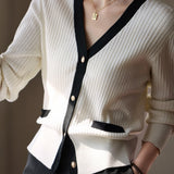 Early Autumn Elegant Color Block V-neck Knit Cardigan