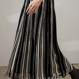 Elegant High-Waisted A-line Fringe Striped Skirt