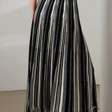 Elegant High-Waisted A-line Fringe Striped Skirt