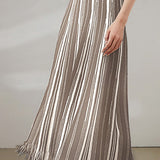 Elegant High-Waisted A-line Fringe Striped Skirt