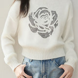 Casual Rhinestone-Embellished Long-Sleeve Sweater