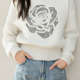 Casual Rhinestone-Embellished Long-Sleeve Sweater
