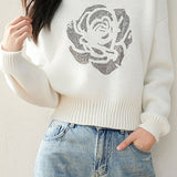 Casual Rhinestone-Embellished Long-Sleeve Sweater