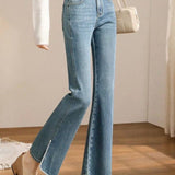 Elegant Office Pearl-Decorated Split-Hem Stretch Bootcut Jeans