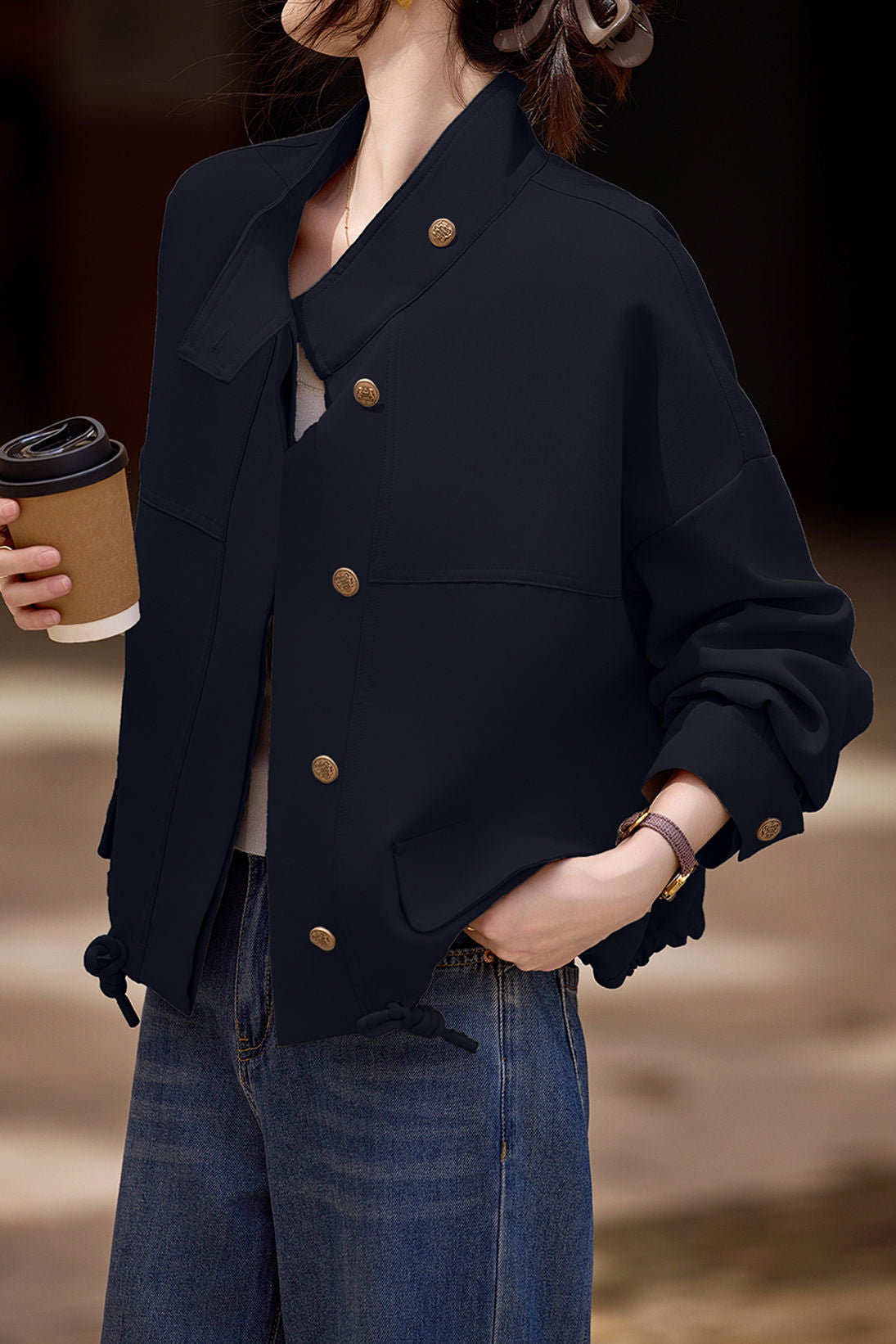 Casual Office Short Stand-Collar Drawstring Jacket - liwisi