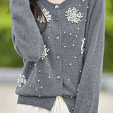 Exquisite Elegant Water-Soluble Lace Rhinestone-Embellished Knit Cardigan
