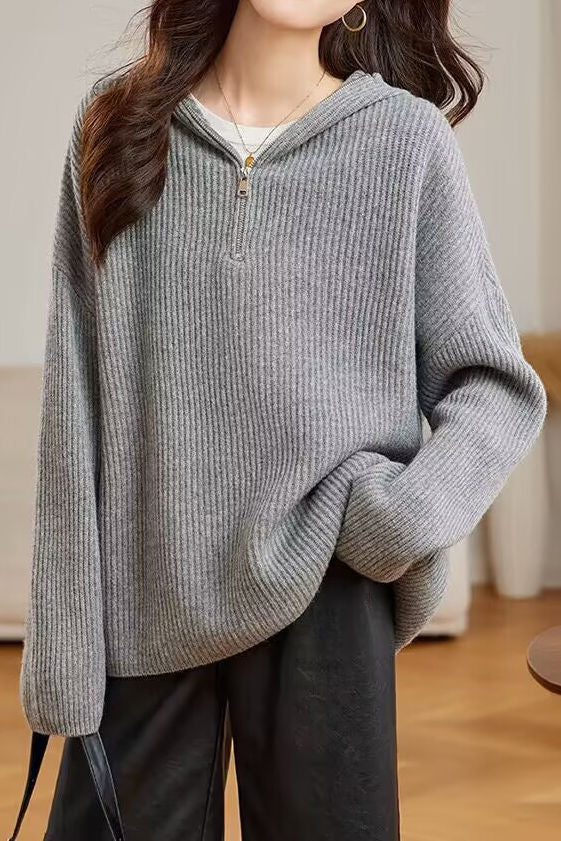Casual Half-Zip Hooded Knit Sweater - liwisi