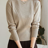 Simple Retro High-Waisted Slim-Fit Cable-Knit Round-Neck Long-Sleeve Sweater