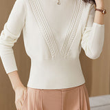 Simple Retro High-Waisted Slim-Fit Cable-Knit Round-Neck Long-Sleeve Sweater