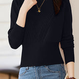 Simple Retro High-Waisted Slim-Fit Cable-Knit Round-Neck Long-Sleeve Sweater