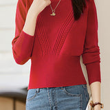 Simple Retro High-Waisted Slim-Fit Cable-Knit Round-Neck Long-Sleeve Sweater