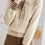 Elegant Lapel Bow-Tie Sash Contrast-Color Knit Top