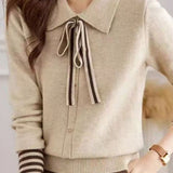 Elegant Lapel Bow-Tie Sash Contrast-Color Knit Top