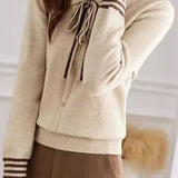 Elegant Lapel Bow-Tie Sash Contrast-Color Knit Top