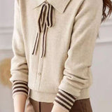 Elegant Lapel Bow-Tie Sash Contrast-Color Knit Top