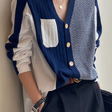 Casual Contrast-Color V-Neck Patchwork Knit Cardigan