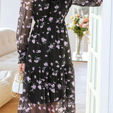 Elegant Romantic Lantern-Sleeve Fitted-Waist A-Line Floral Dress