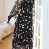 Elegant Romantic Lantern-Sleeve Fitted-Waist A-Line Floral Dress