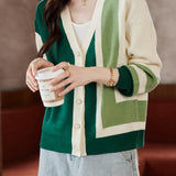 Casual Loose Contrast-Color Knit Cardigan