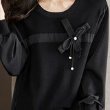 Elegant Bow-Patchwork Loose Knit Top