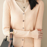 Casual V-Neck Single-Row Button Knit Cardigan - liwisi